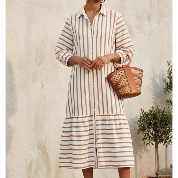 Chico's Dresses & Skirts - Chico's Striped Midi Shirt Dress COTTO Tan White Cotton gauze Pockets Boho